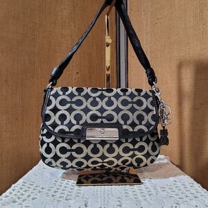 Coach Black & Gray Canvas Signature C Pattern Shoulder Purse with Silver Hardwar